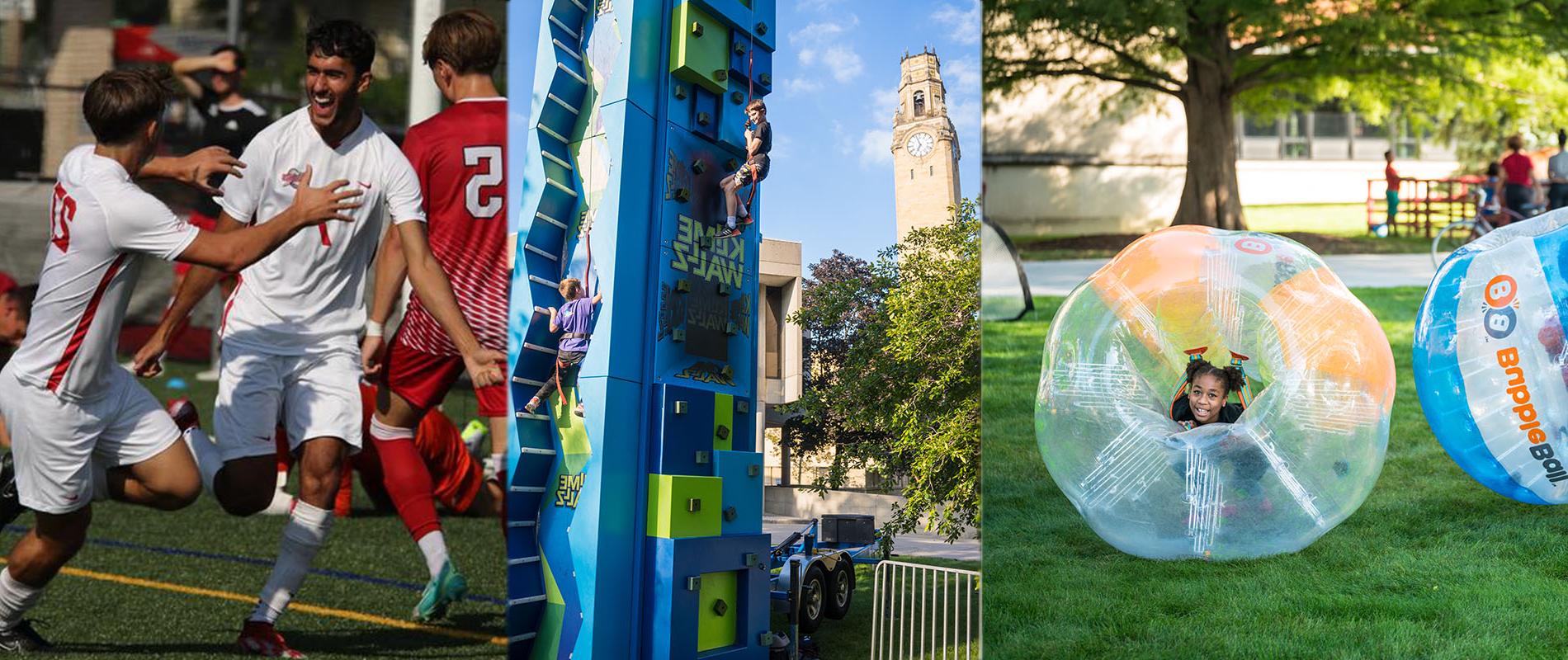Three images are combined into one full width image. From left to right: A little girl smiles as she and other kids play bubble soccer; children climb a rock wall in front of the clocktower; two UDM men's soccer players celebrate during the team's Homecoming game.