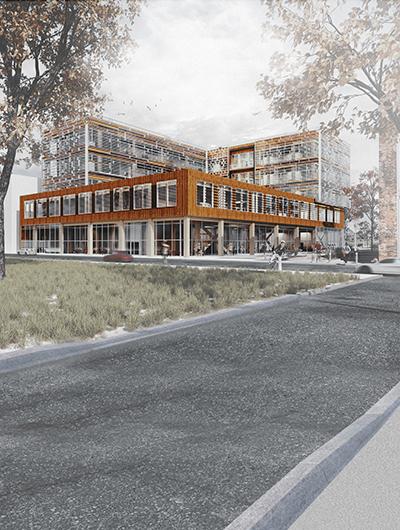A rendering of Timber Integrative Means + Biophilic Resilience, showing the entire five-story building at a corner angle from a stretch of sidewalk in Detroit's Rivertown district.